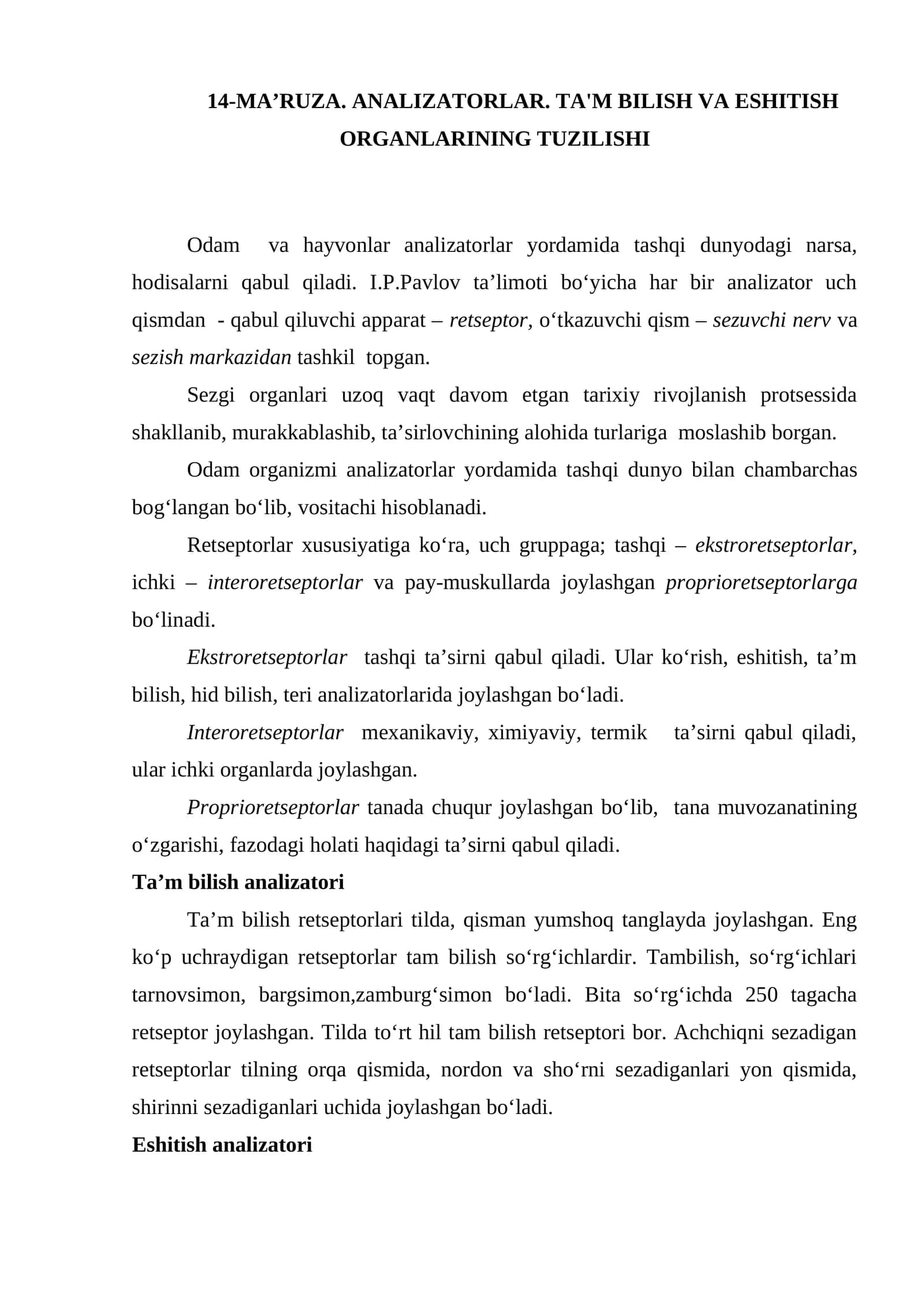 TA'M BILISH VA ESHITISH ORGANLARINING TUZILISHI