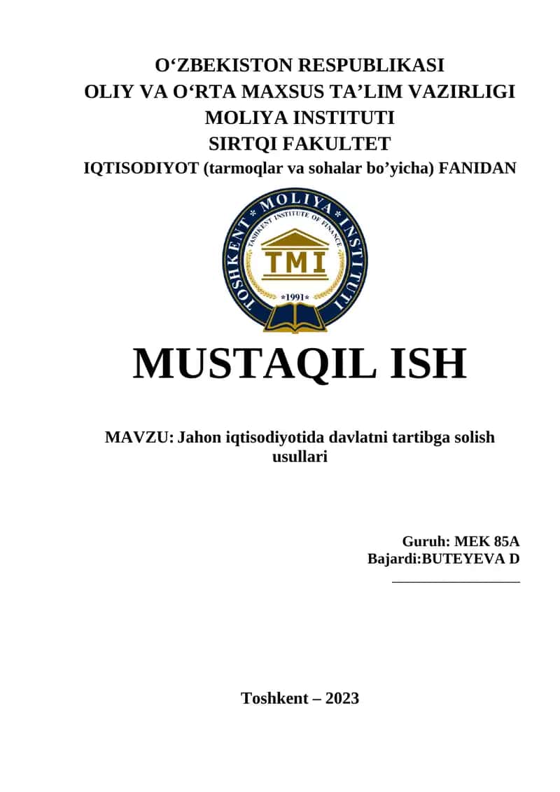 Jahon iqtisodiyotida davlatni tartibga solish usullari