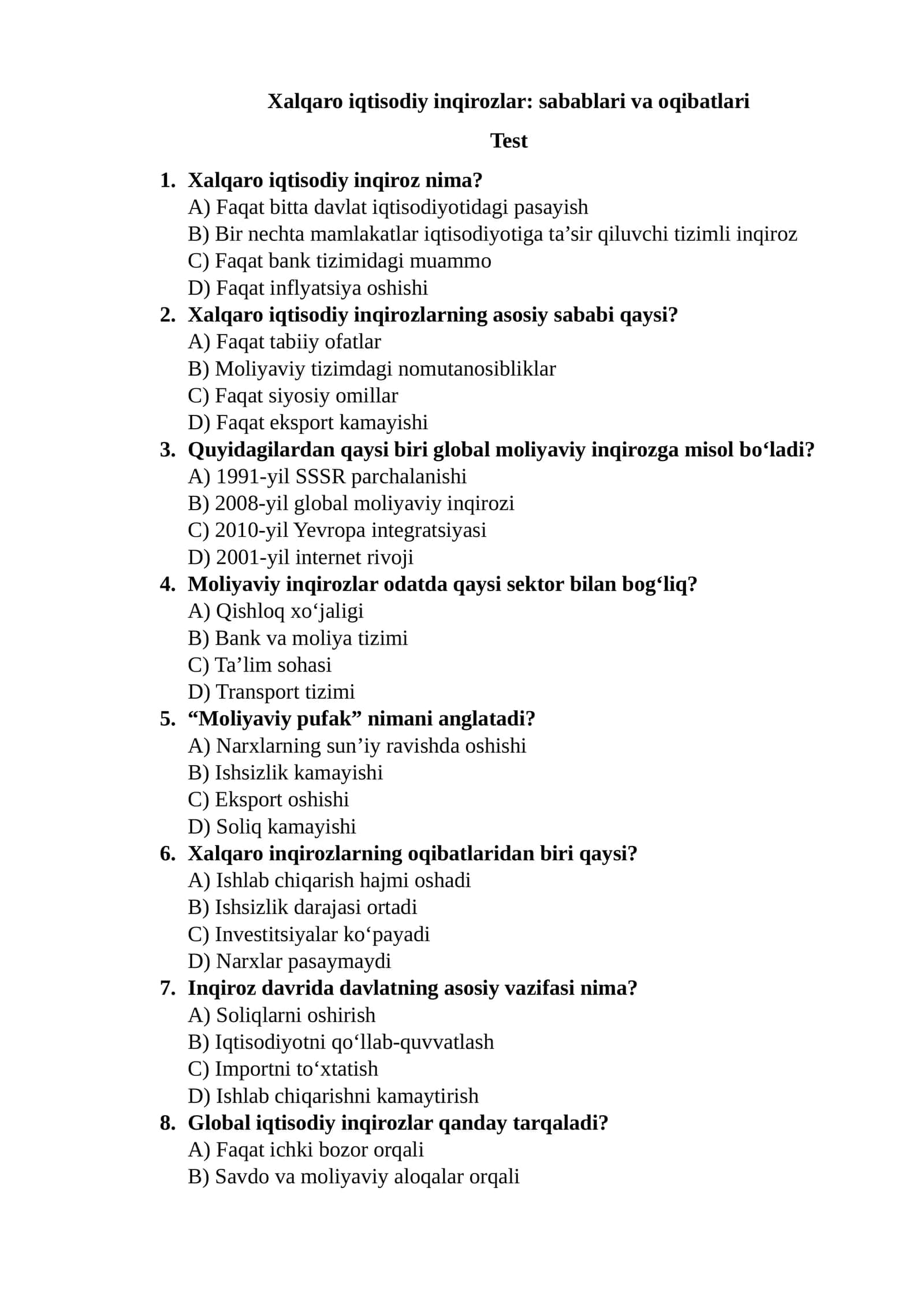 Xalqaro iqtisodiy inqirozlar: sabablari va oqibatlari