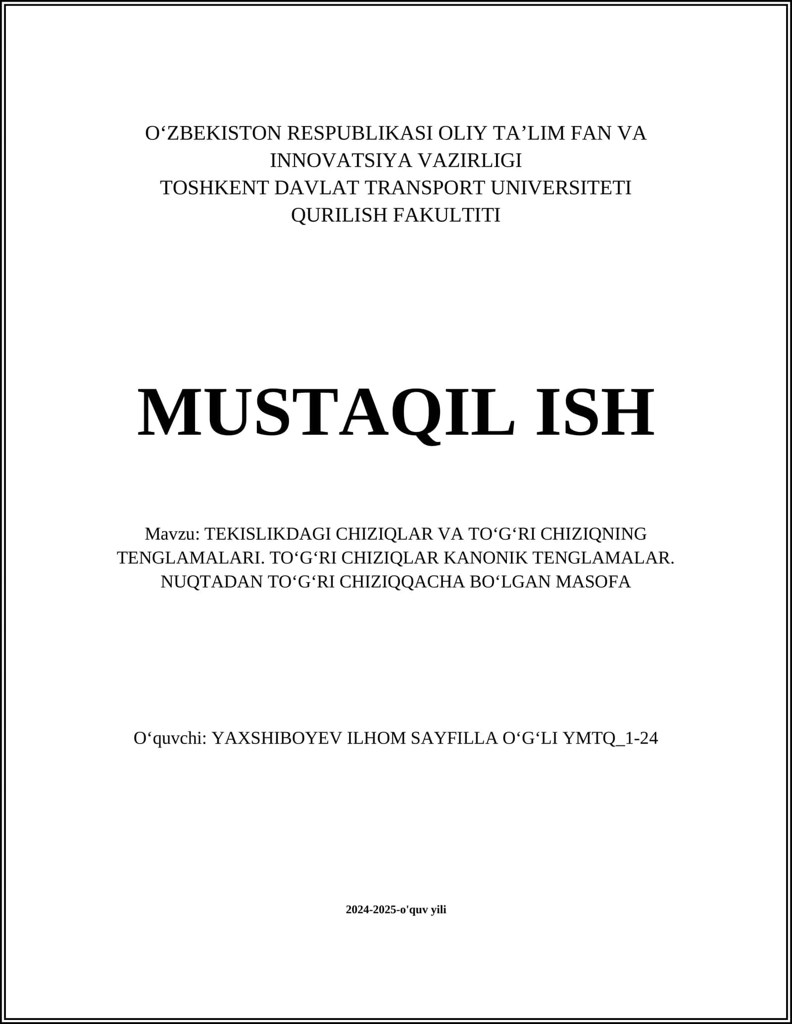 TEKISLIKDAGI CHIZIQLAR VA TO‘G‘RI CHIZIQNING TENGLAMALARI. TO‘G‘RI CHIZIQLAR KANONIK TENGLAMALAR. NUQTADAN TO‘G‘RI CHIZIQQACHA BO‘LGAN MASOFA