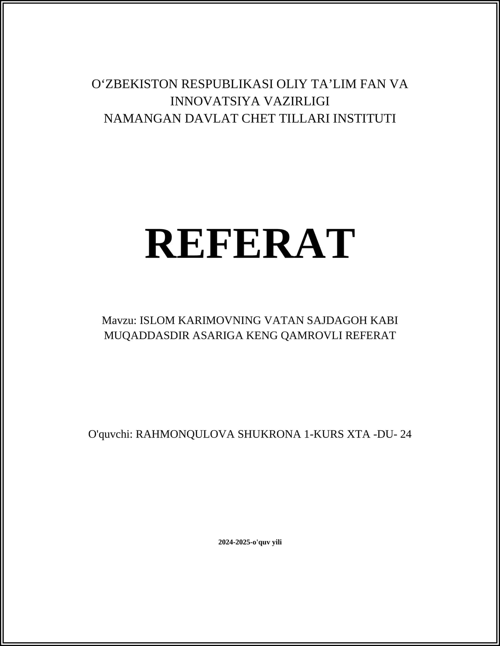 ISLOM KARIMOVNING VATAN SAJDAGOH KABI MUQADDASDIR ASARIGA KENG QAMROVLI REFERAT