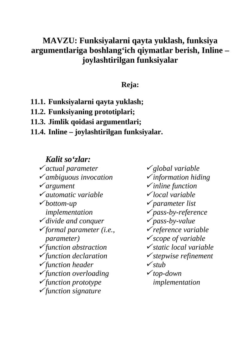Funksiyalarni qayta yuklash, funksiya argumentlariga boshlang‘ich qiymatlar berish, Inline – joylashtirilgan funksiyalar