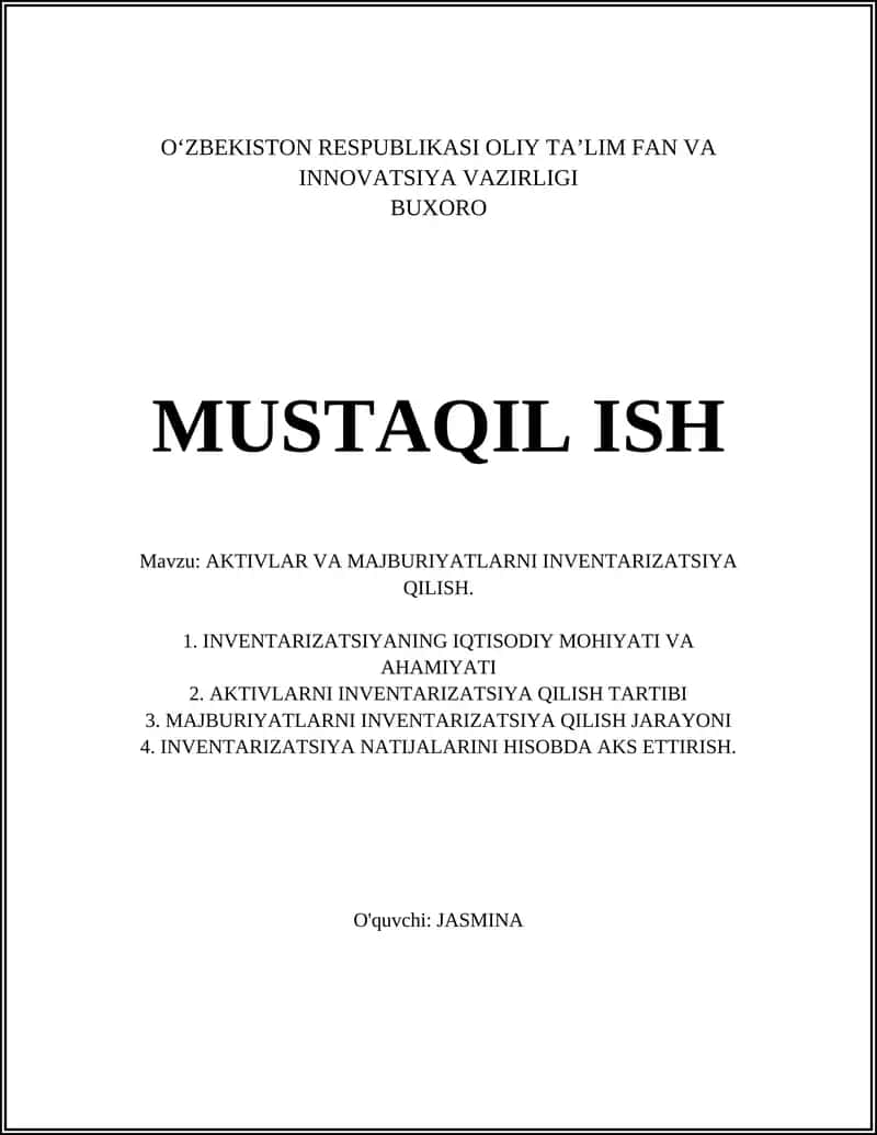 AKTIVLAR VA MAJBURIYATLARNI INVENTARIZATSIYA QILISH