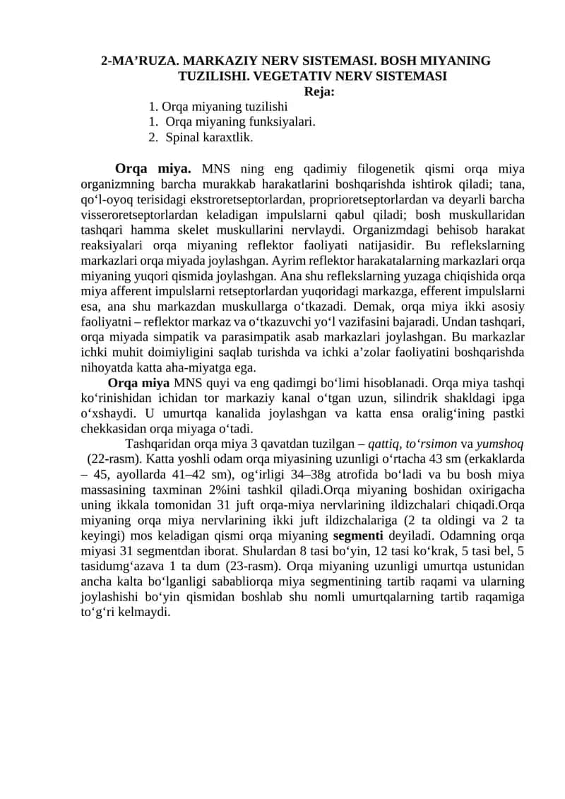 MARKAZIY NERV SISTEMASI. BOSH MIYANING TUZILISHI
