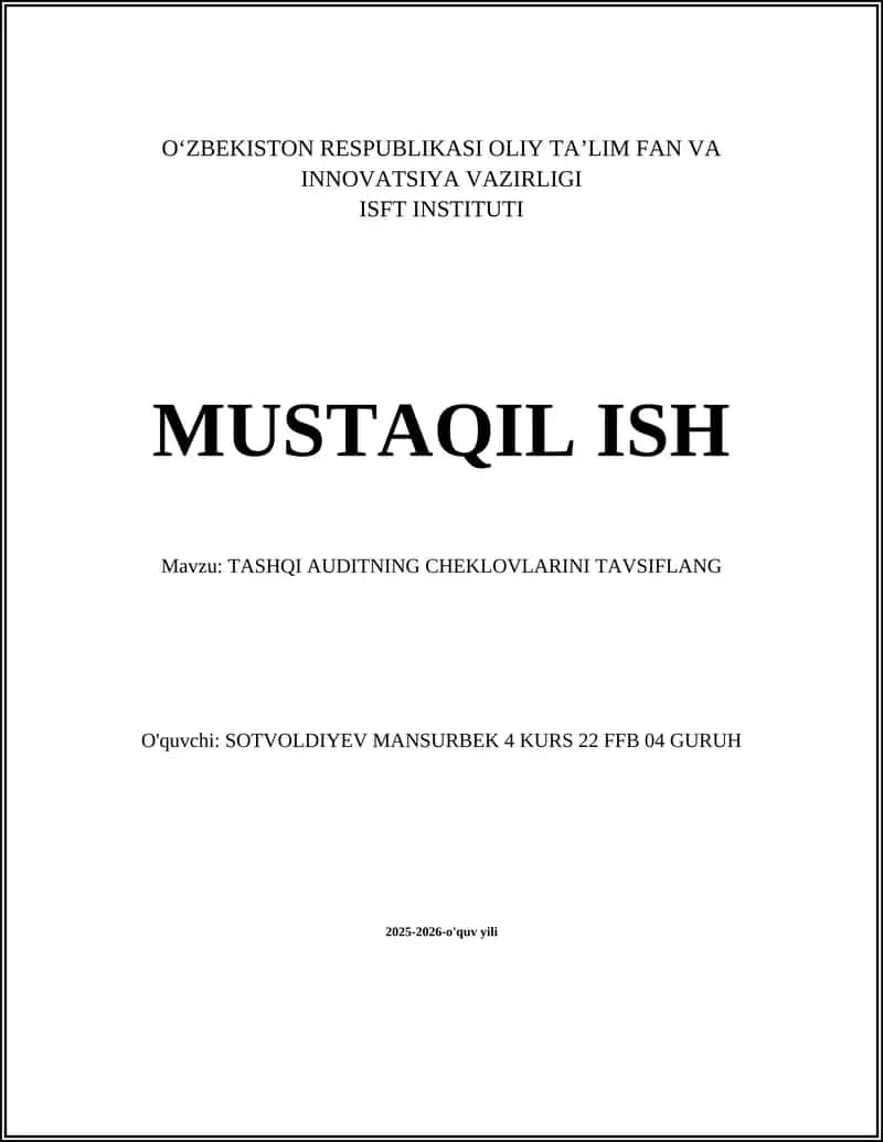 TASHQI AUDITNING CHEKLOVLARINI TAVSIFLANG