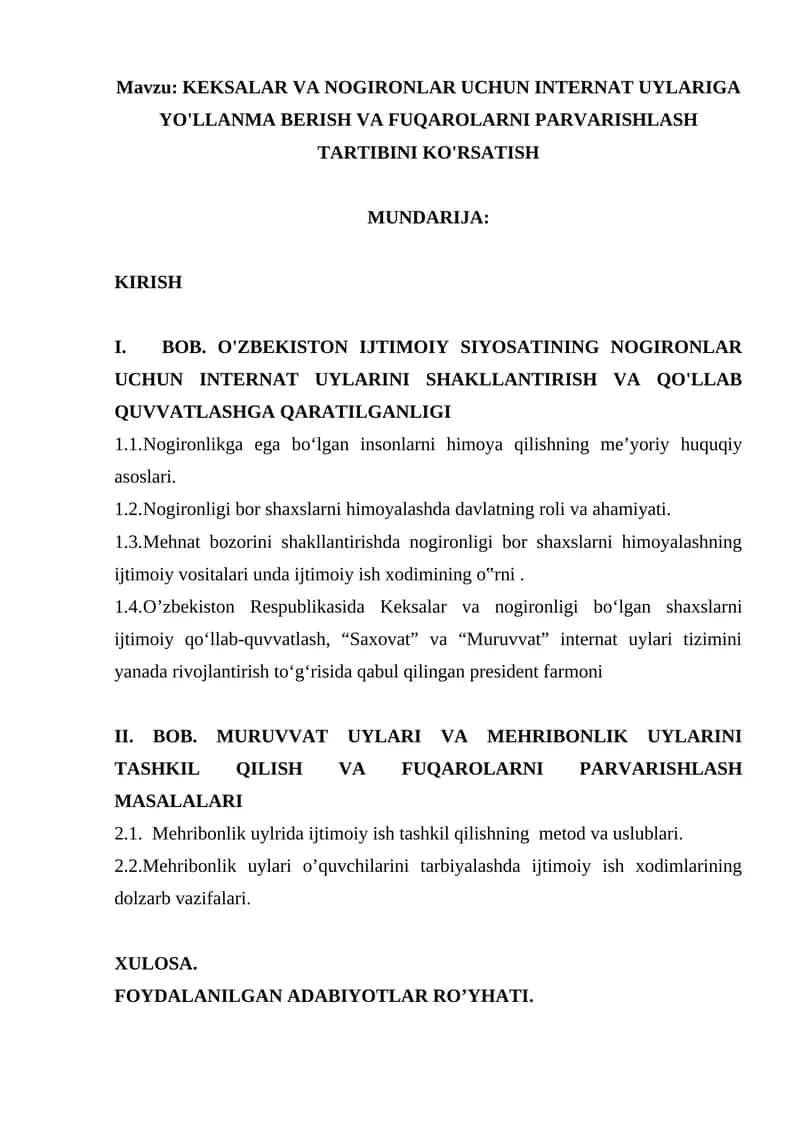 KEKSALAR VA NOGIRONLAR UCHUN INTERNAT UYLARIGA YO'LLANMA BERISH VA FUQAROLARNI PARVARISHLASH TARTIBINI KO'RSATISH
