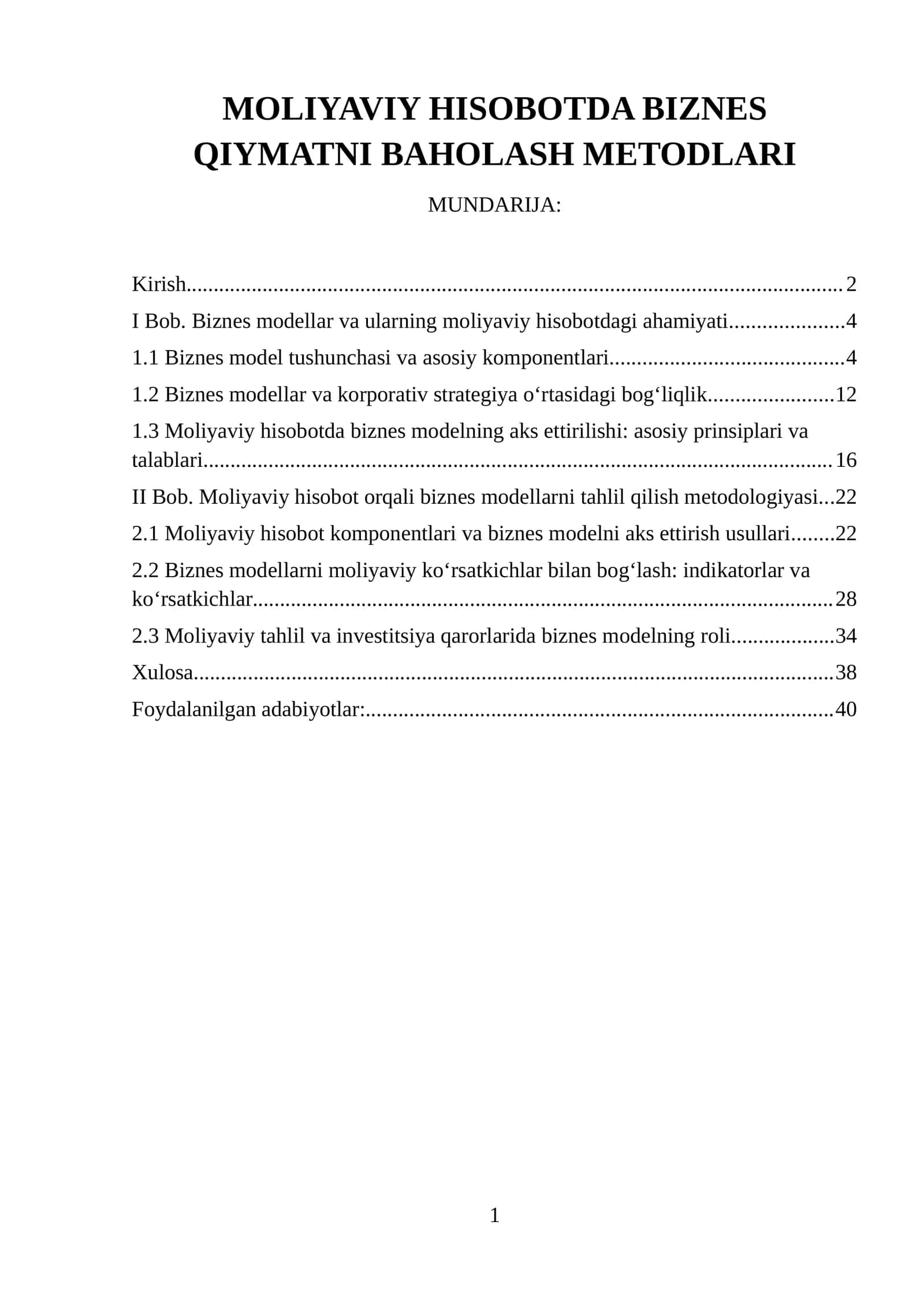 MOLIYAVIY HISOBOTDA BIZNES QIYMATNI BAHOLASH METODLARI