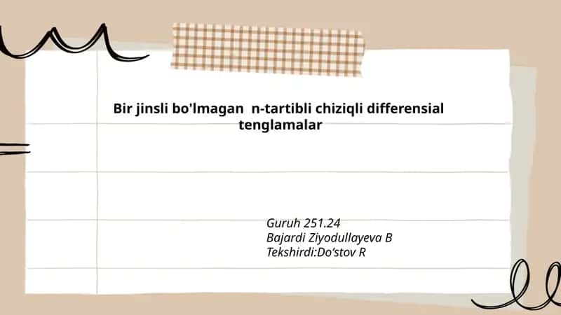 Bir jinsli bo'lmagan n-tartibli chiziqli differensial tenglamalar