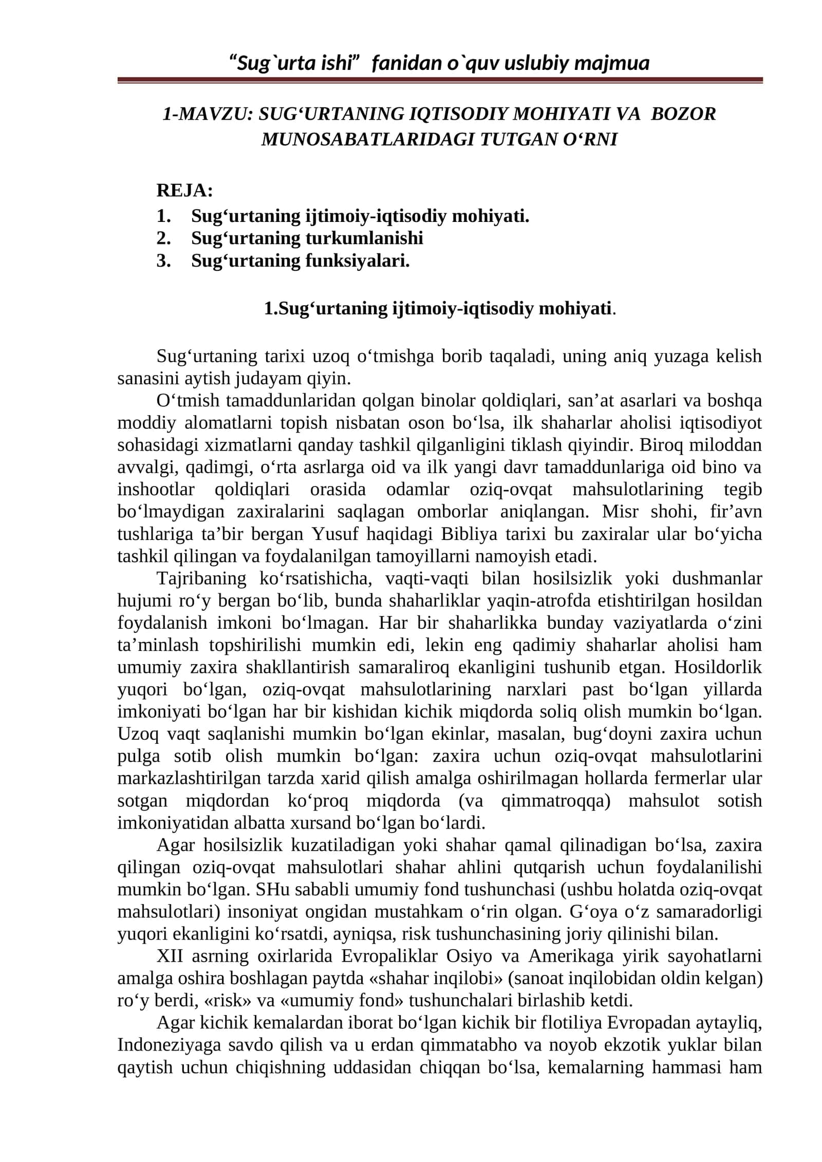 Sug‘urtaning iqtisodiy mohiyati va bozor munosabatlari
