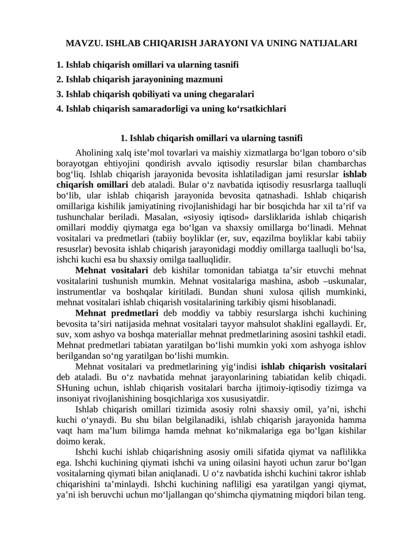 Ishlab chiqarish jarayoni va uning natijalari