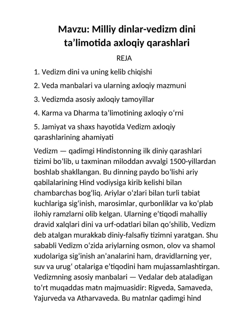 Milliy dinlar-vedizm dini ta’limotida axloqiy qarashlari