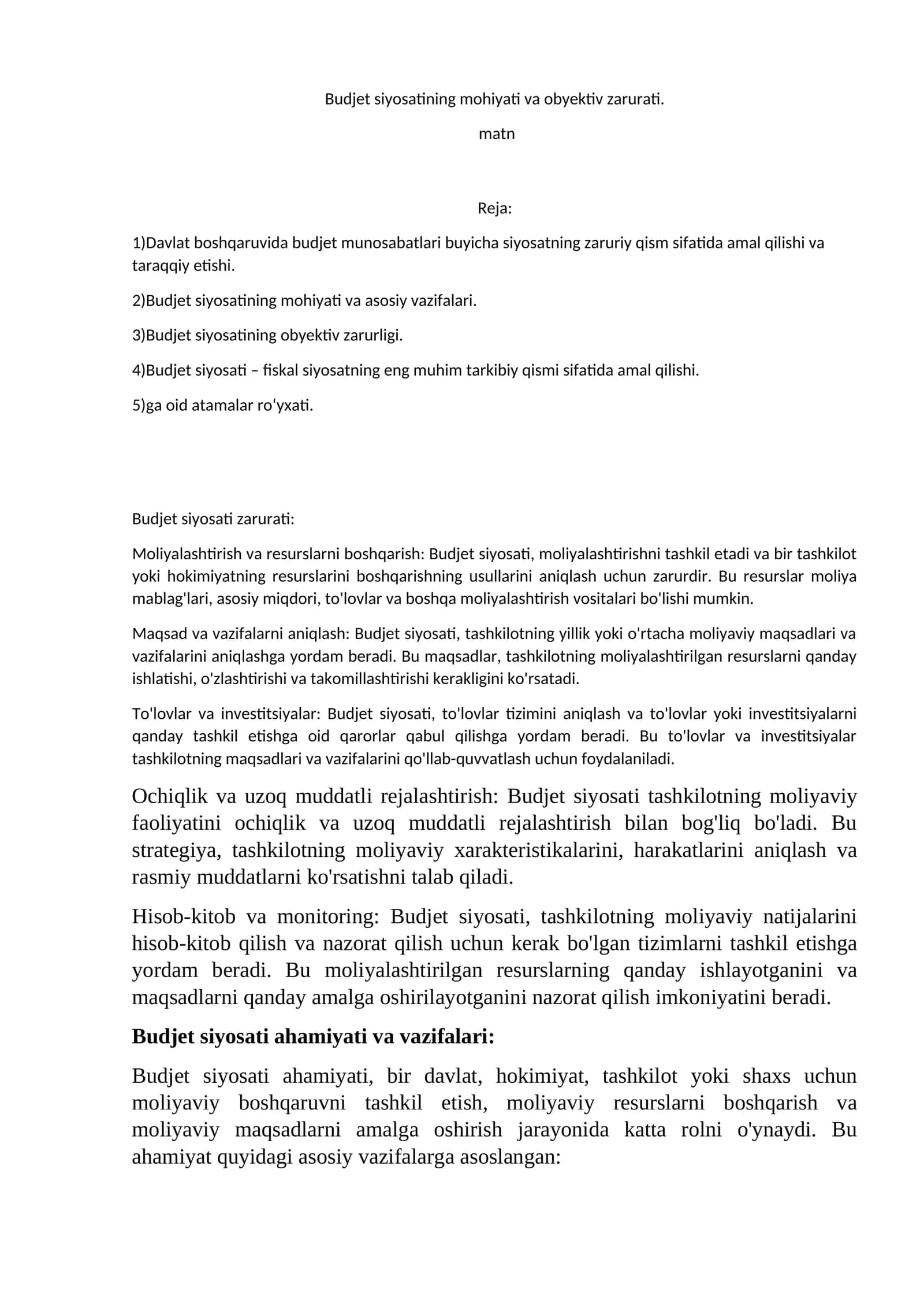 Budjet siyosatining mohiyati va obyektiv zarurati