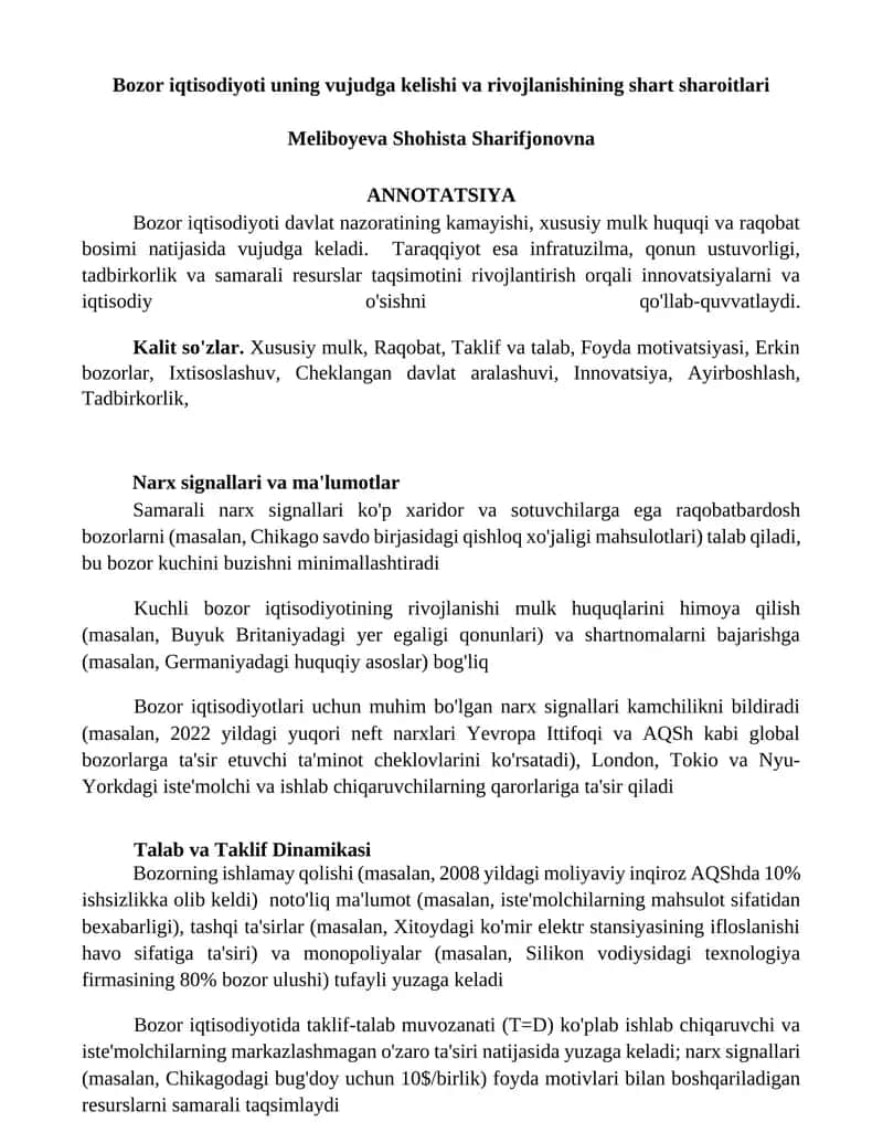 Bozor iqtisodiyoti uning vujudga kelishi va rivojlanishining shart sharoitlari