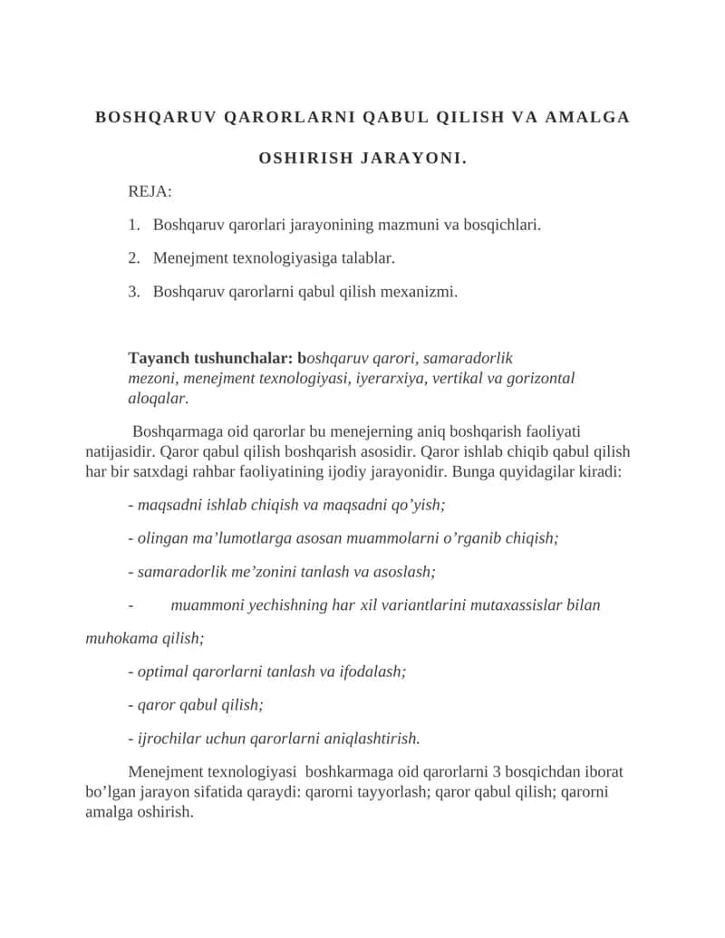 BOSHQARUV QARORLARNI QABUL QILISH VA AMALGA OSHIRISH JARAYONI