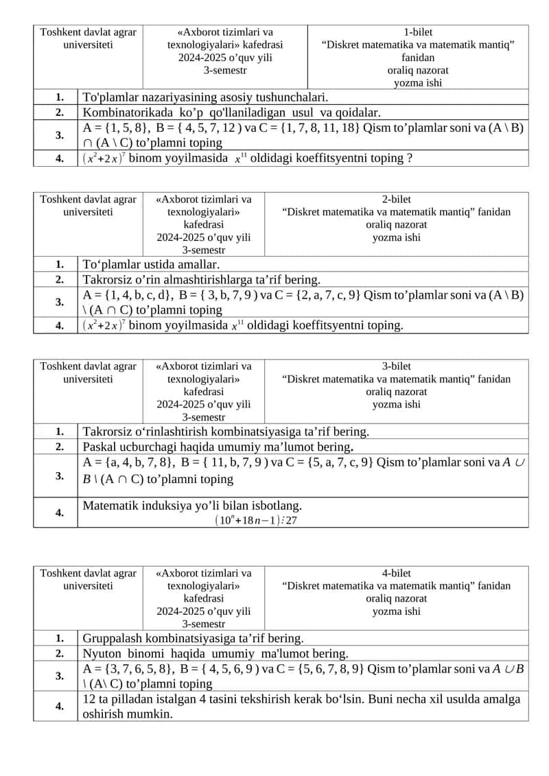 Diskret matematika va matematik mantiq (oraliq nazorat yozma ishi)