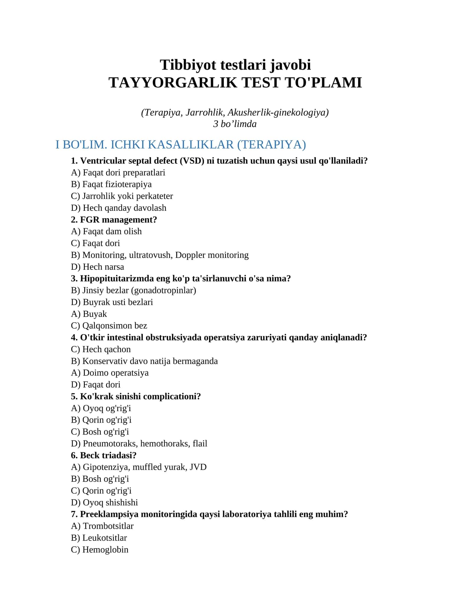 Tibbiyot testlari javobi