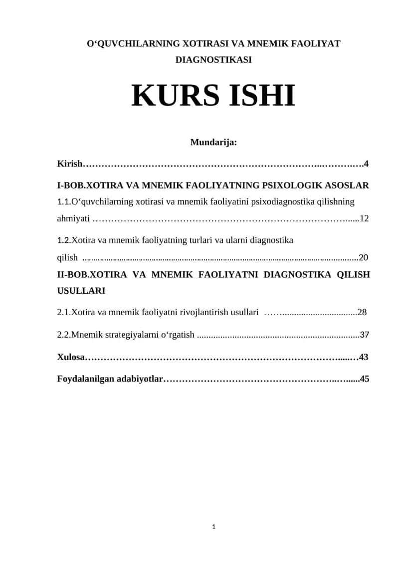 O‘QUVCHILARNING XOTIRASI VA MNEMIK FAOLIYAT DIAGNOSTIKASI