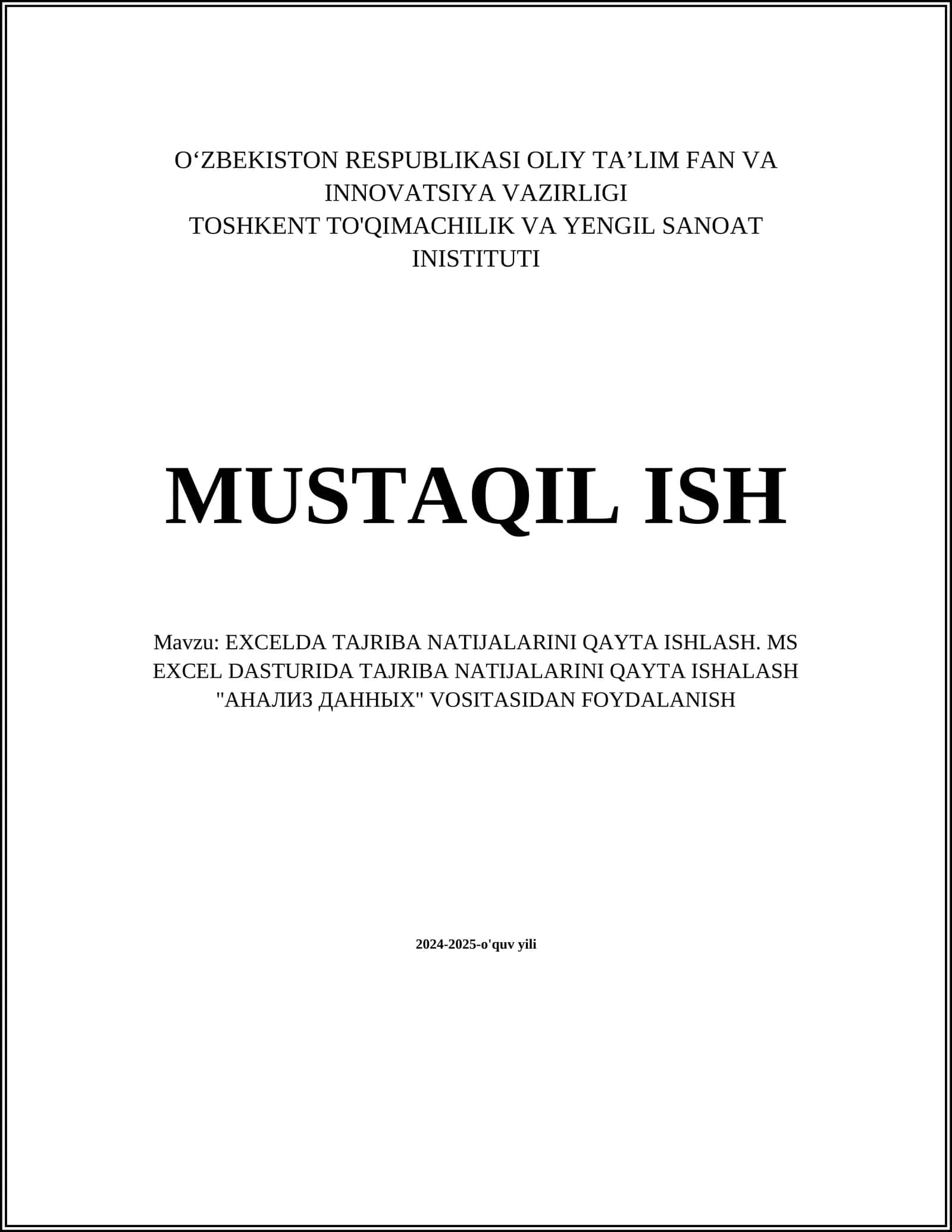 EXCELDA TAJRIBA NATIJALARINI QAYTA ISHLASH