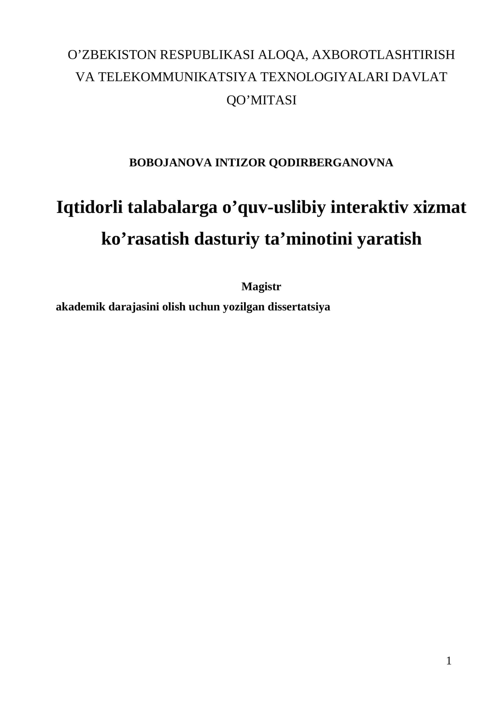 Iqtidorli talabalarga o’quv-uslibiy interaktiv xizmat ko’rasatish dasturiy ta’minotini yaratish