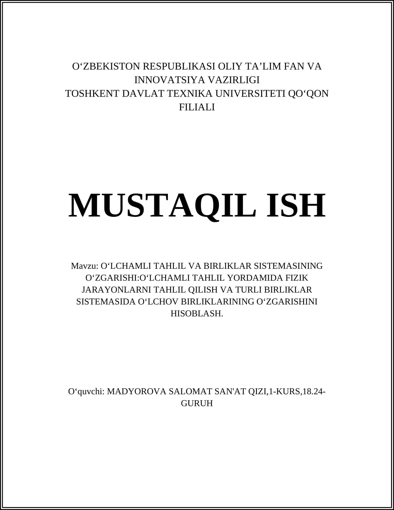 OʻLCHAMLI TAHLIL VA BIRLIKLAR SISTEMASINING OʻZGARISHI