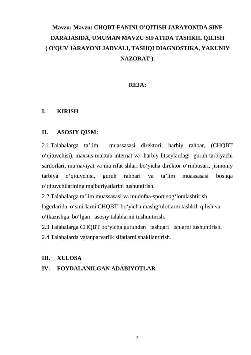 CHQBT FANINI O'QITISH JARAYONIDA SINF DARAJASIDA