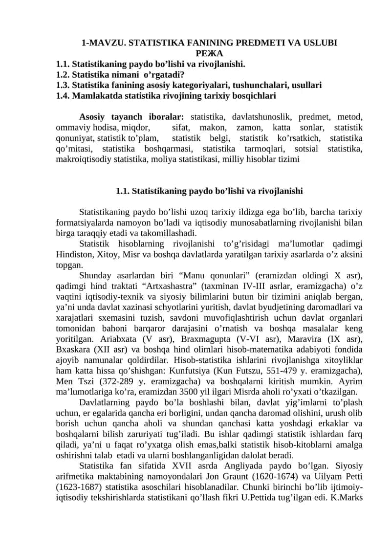 Statistika fanining predmeti va uslubi