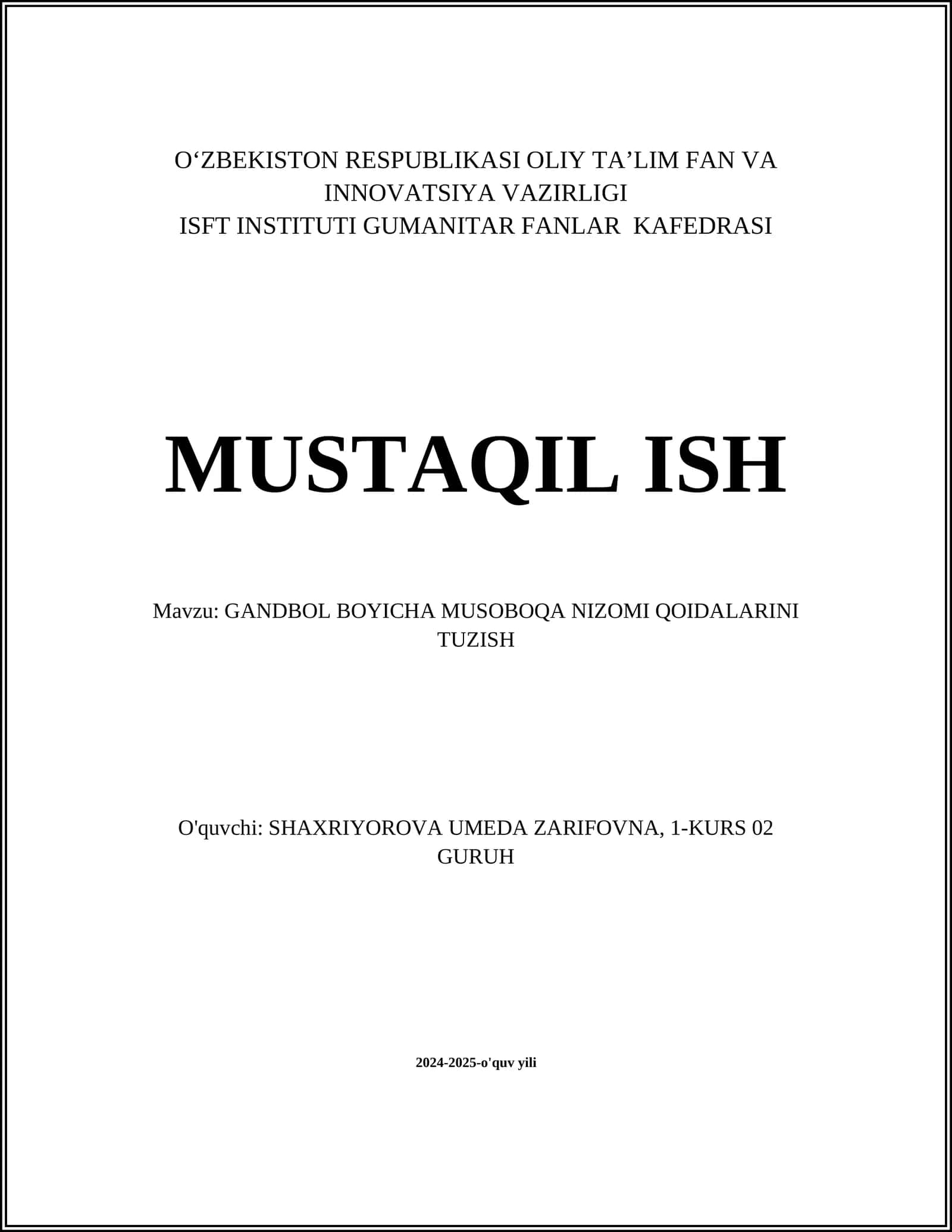 GANDBOL BOYICHA MUSOBOQA NIZOMI QOIDALARINI TUZISH