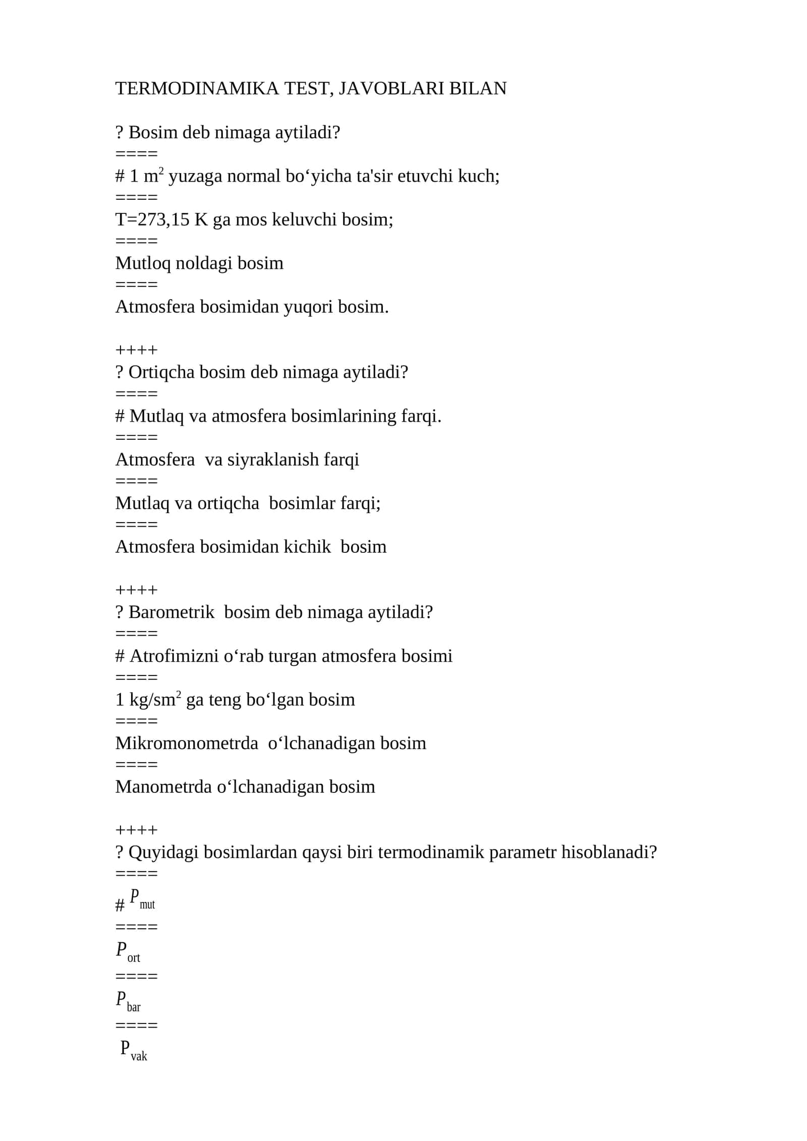 TERMODINAMIKA TEST, JAVOBLARI BILAN?