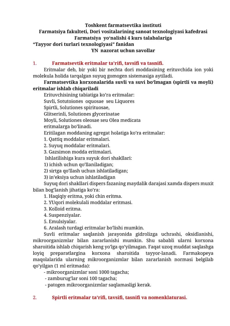 Farmatsevtik eritmalar ta’rifi