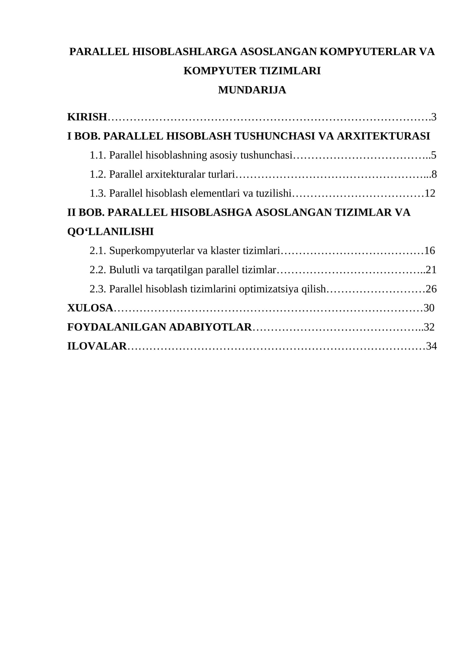 PARALLEL HISOBLASHLARGA ASOSLANGAN KOMPYUTERLAR VA KOMPYUTER TIZIMLARI