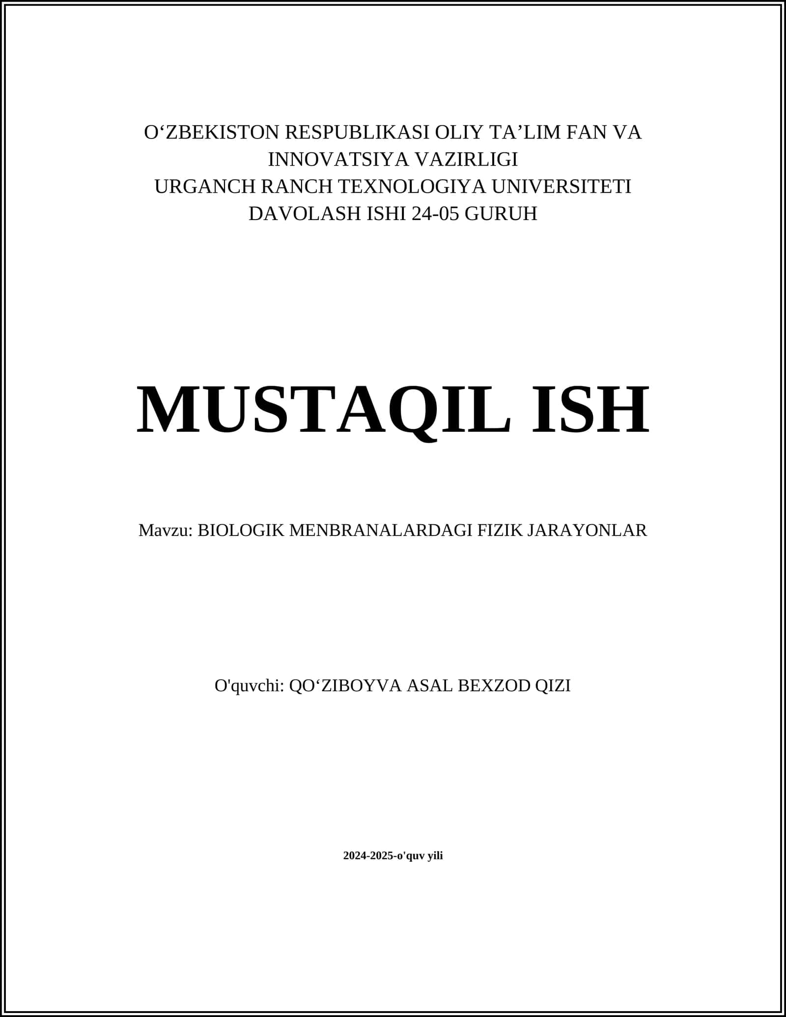 BIOLOGIK MENBRANALARDAGI FIZIK JARAYONLAR