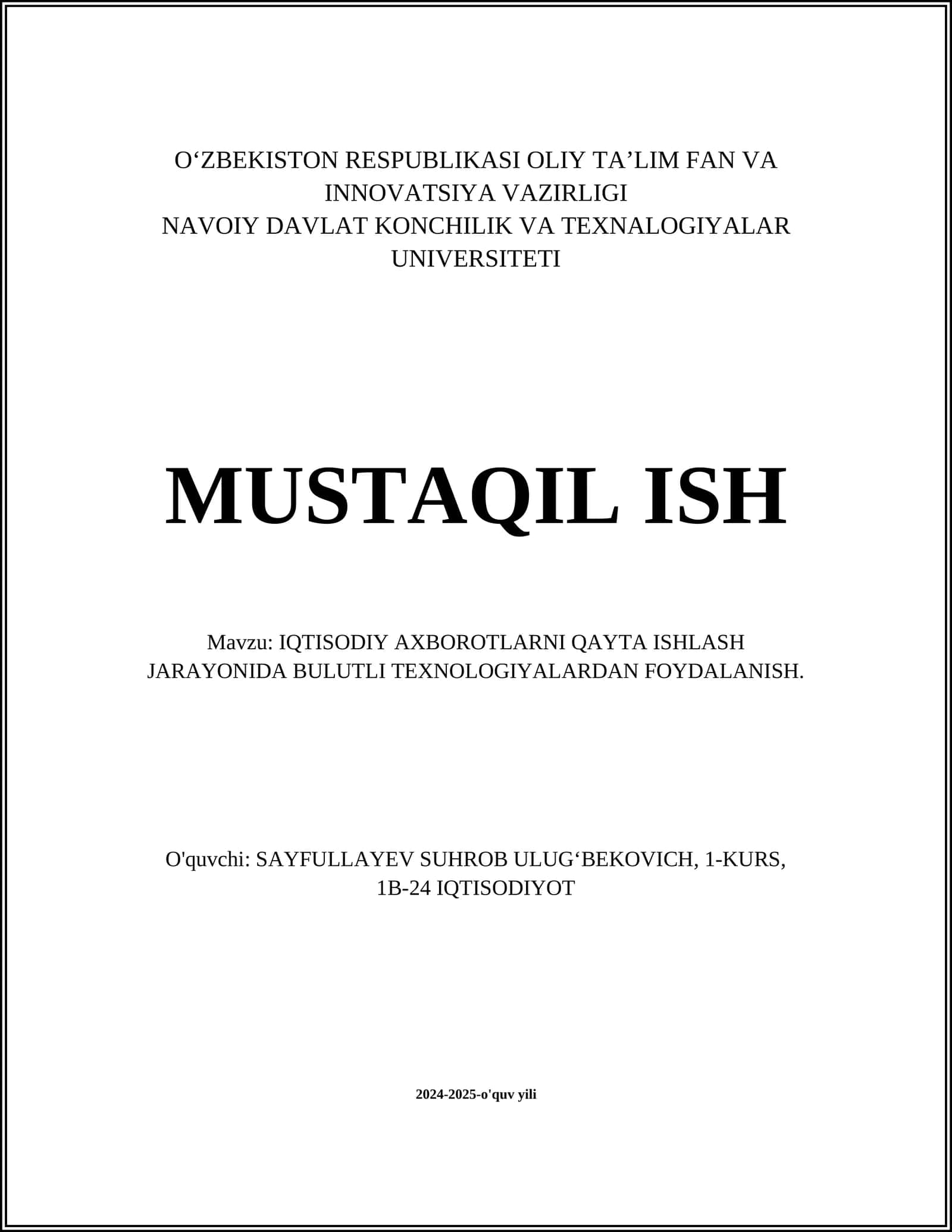 IQTISODIY AXBOROTLARNI QAYTA ISHLASH JARAYONIDA BULUTLI TEXNOLOGIYALARDAN FOYDALANISH