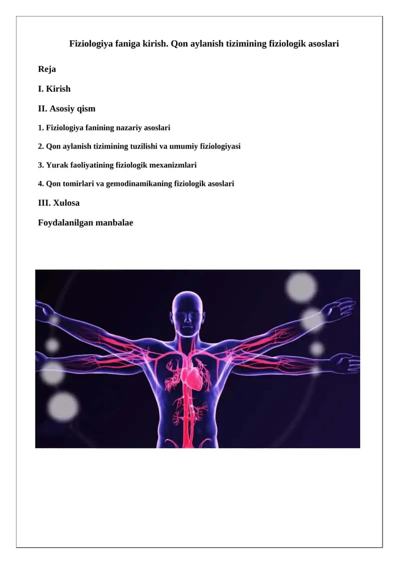 Fiziologiya faniga kirish. Qon aylanish tizimining fiziologik asoslari