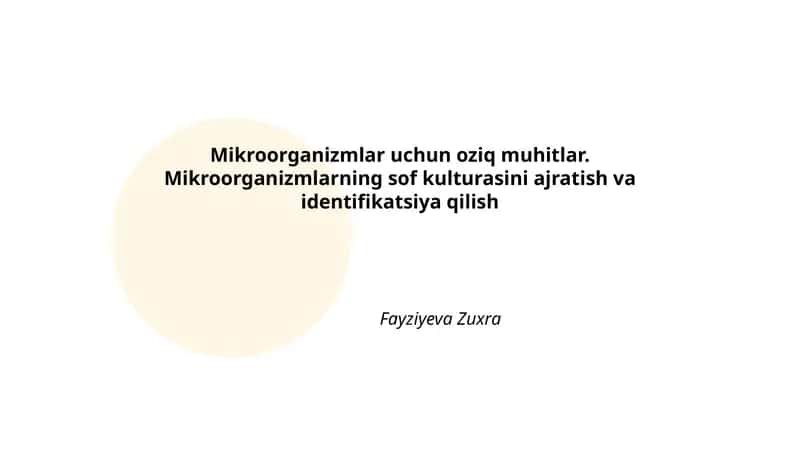Mikroorganizmlar uchun oziq muhitlar. Mikroorganizmlarning sof kulturasini ajratish va identifikatsiya qilish