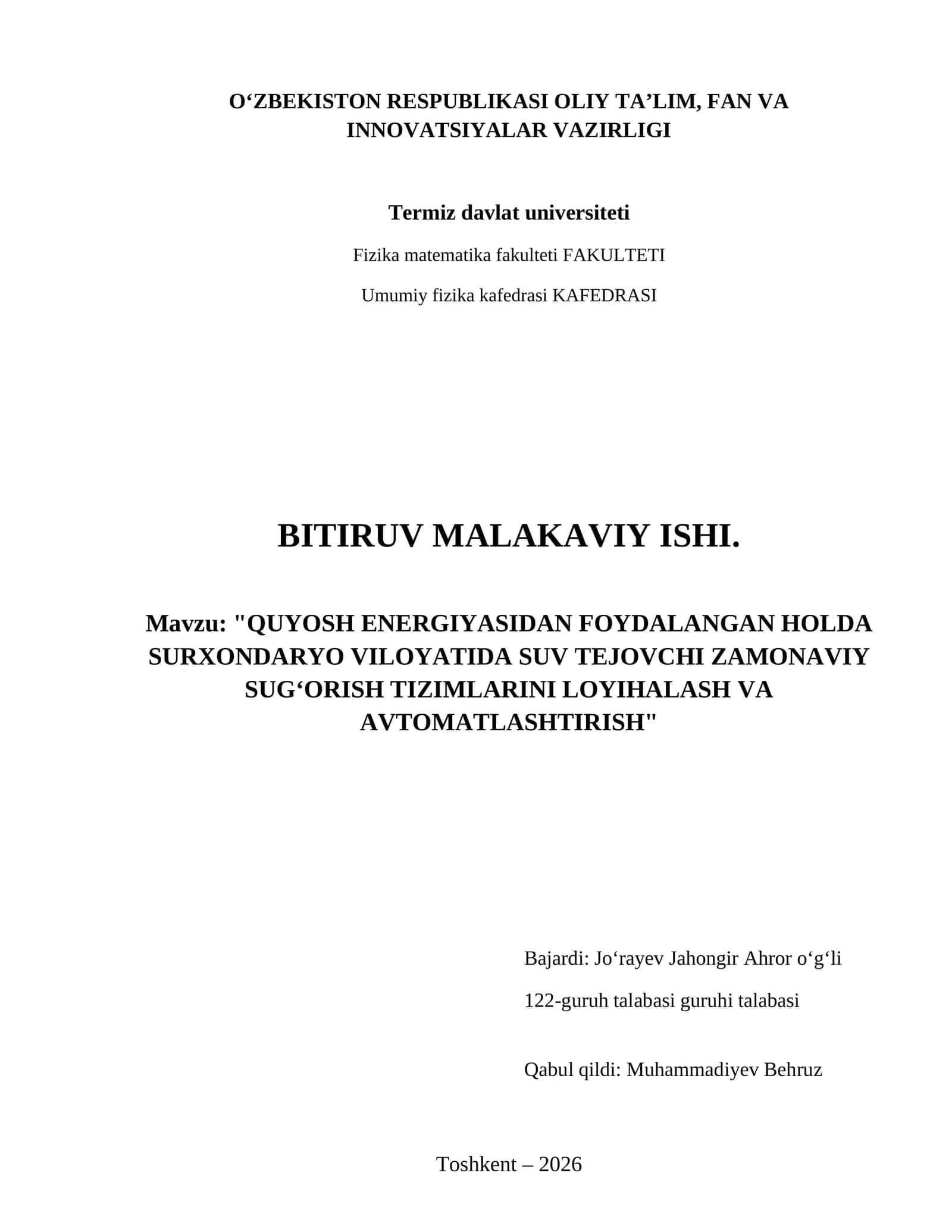 Quyosh energiyasidan foydalangan holda Surxondaryo viloyatida suv tejovchi zamonaviy sug‘orish tizimlarini loyihalash va avtomatlashtirish