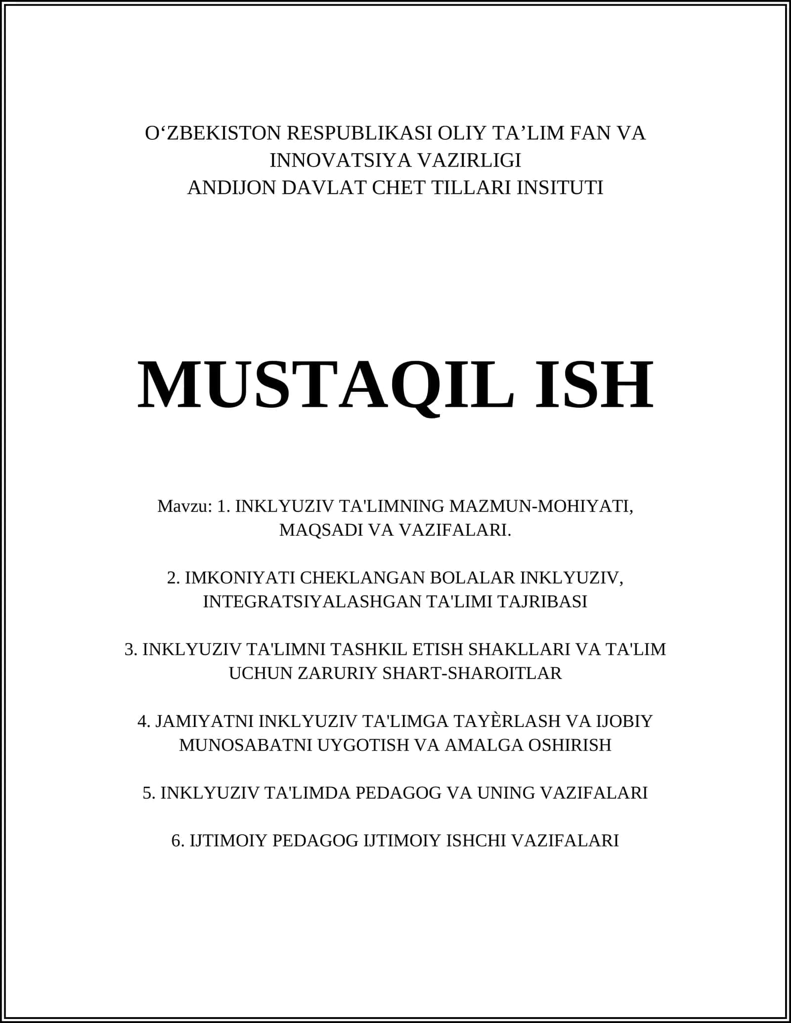 INKLYUZIV TA'LIMNING NAZARIY ASOSLARI