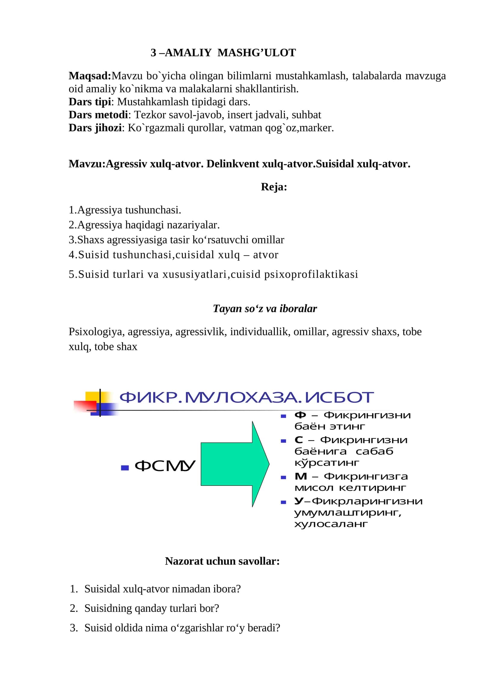 Mavzu:Agressiv xulq-atvor. Delinkvent xulq-atvor.Suisidal xulq-atvor