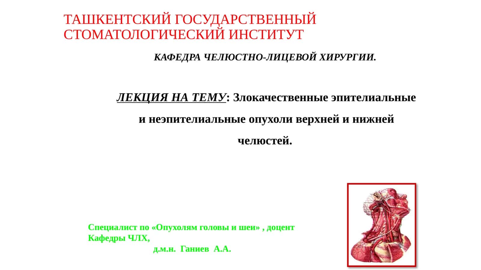 Лекция на тему: Злокачественные эпителиальные инеэпителиальныеопухоли верхней и нижней челюстей
