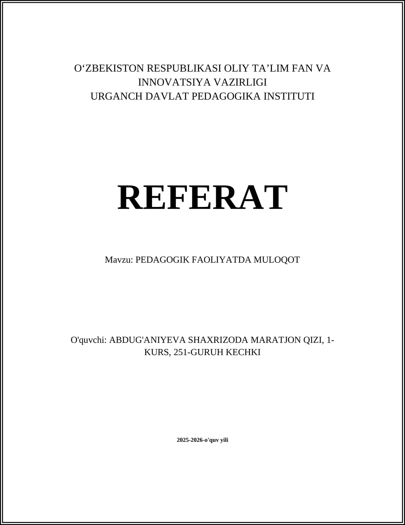 PEDAGOGIK FAOLIYATDA MULOQOT