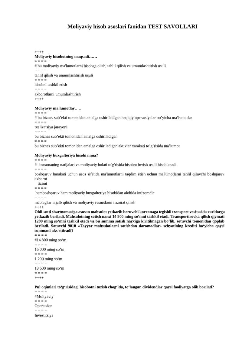 Moliyaviy hisob asoslari fanidan TEST SAVOLLARI