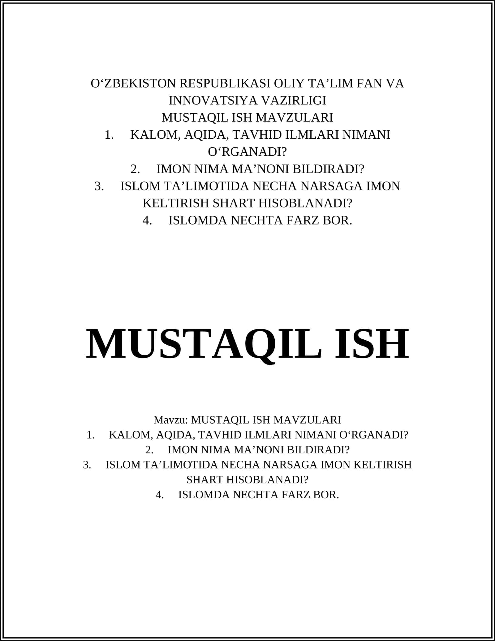 MUSTAQIL ISH MAVZULARI