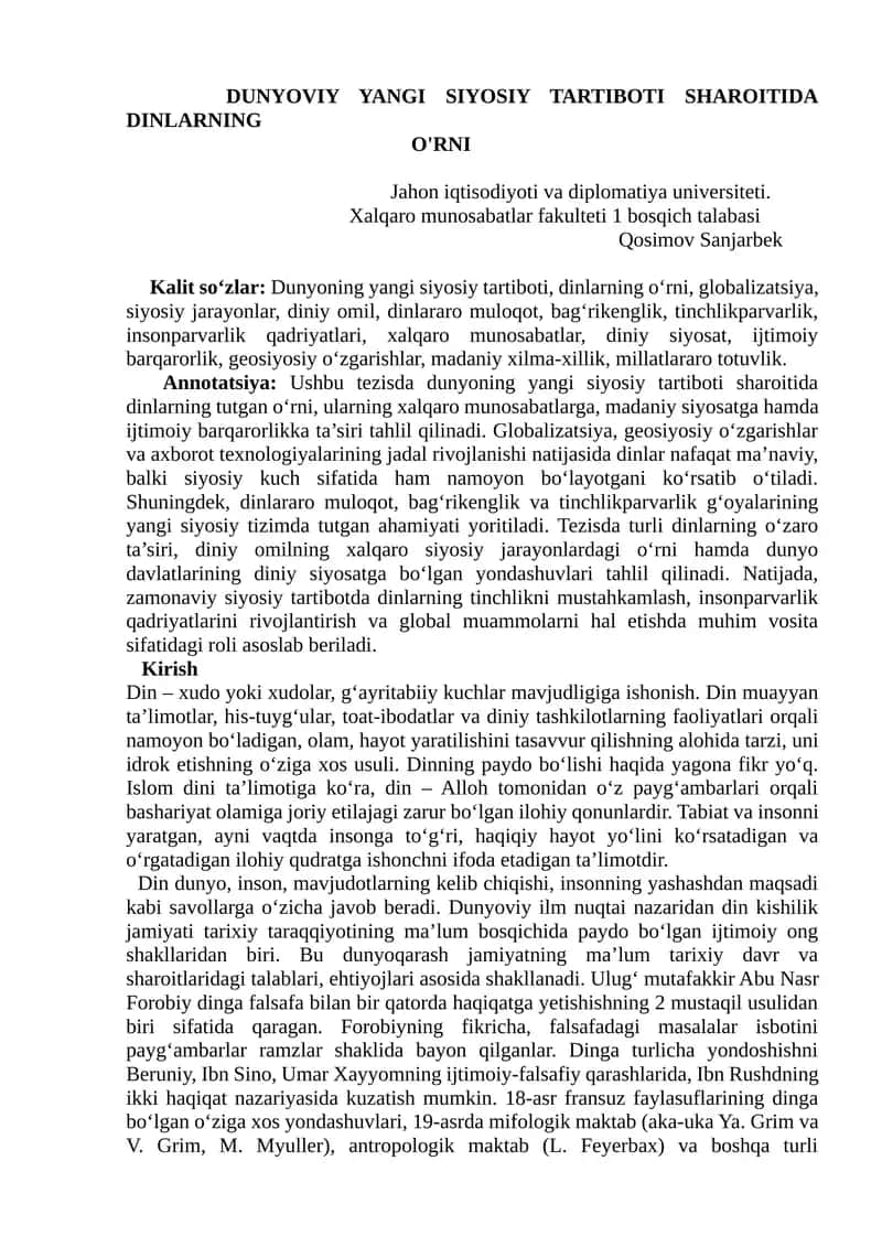 Dunyoning yangi siyosiy tartiboti sharoitida dinlarning o'rni