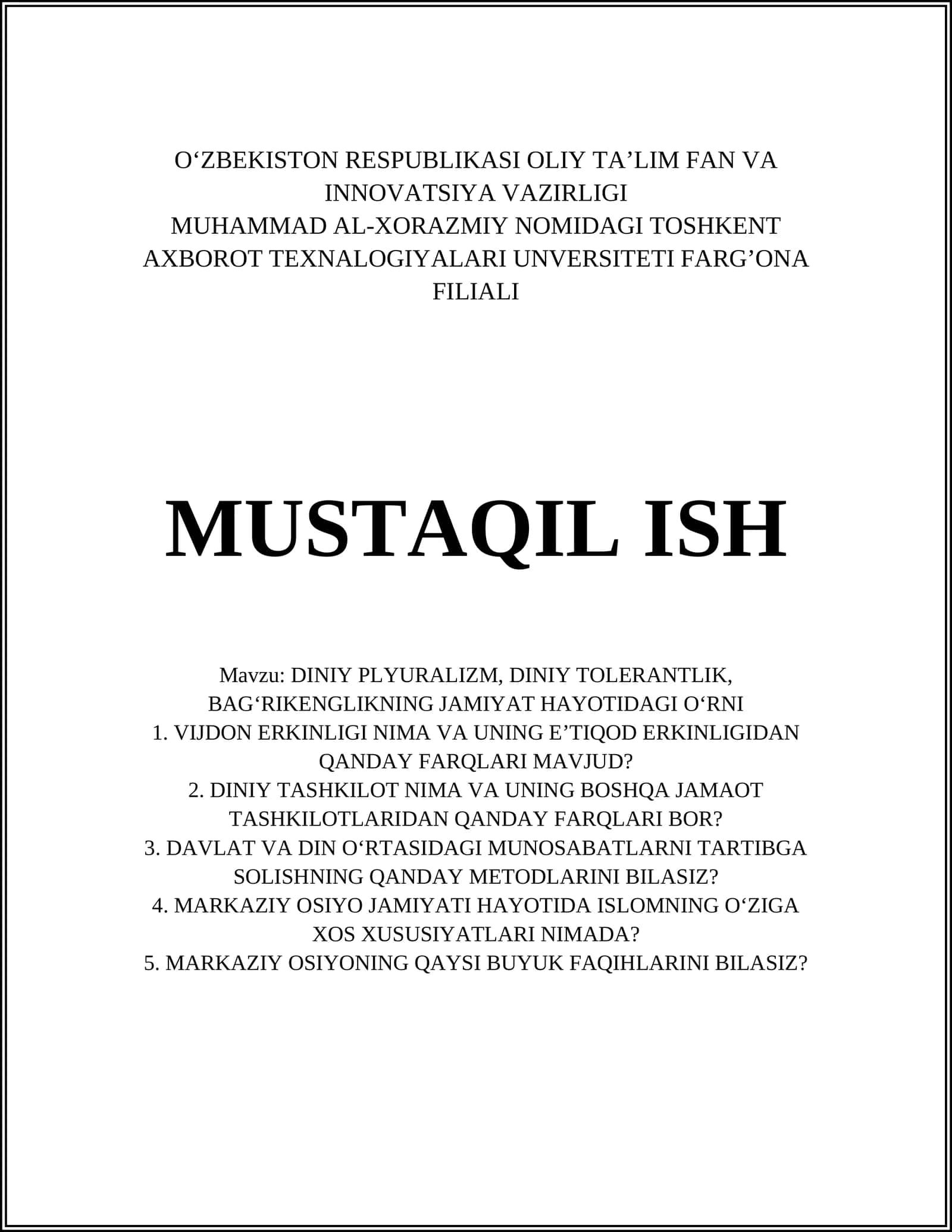 DINIY PLYURALIZM, DINIY TOLERANTLIK, BAG‘RIKENGLIKNING JAMIYAT HAYOTIDAGI O‘RNI