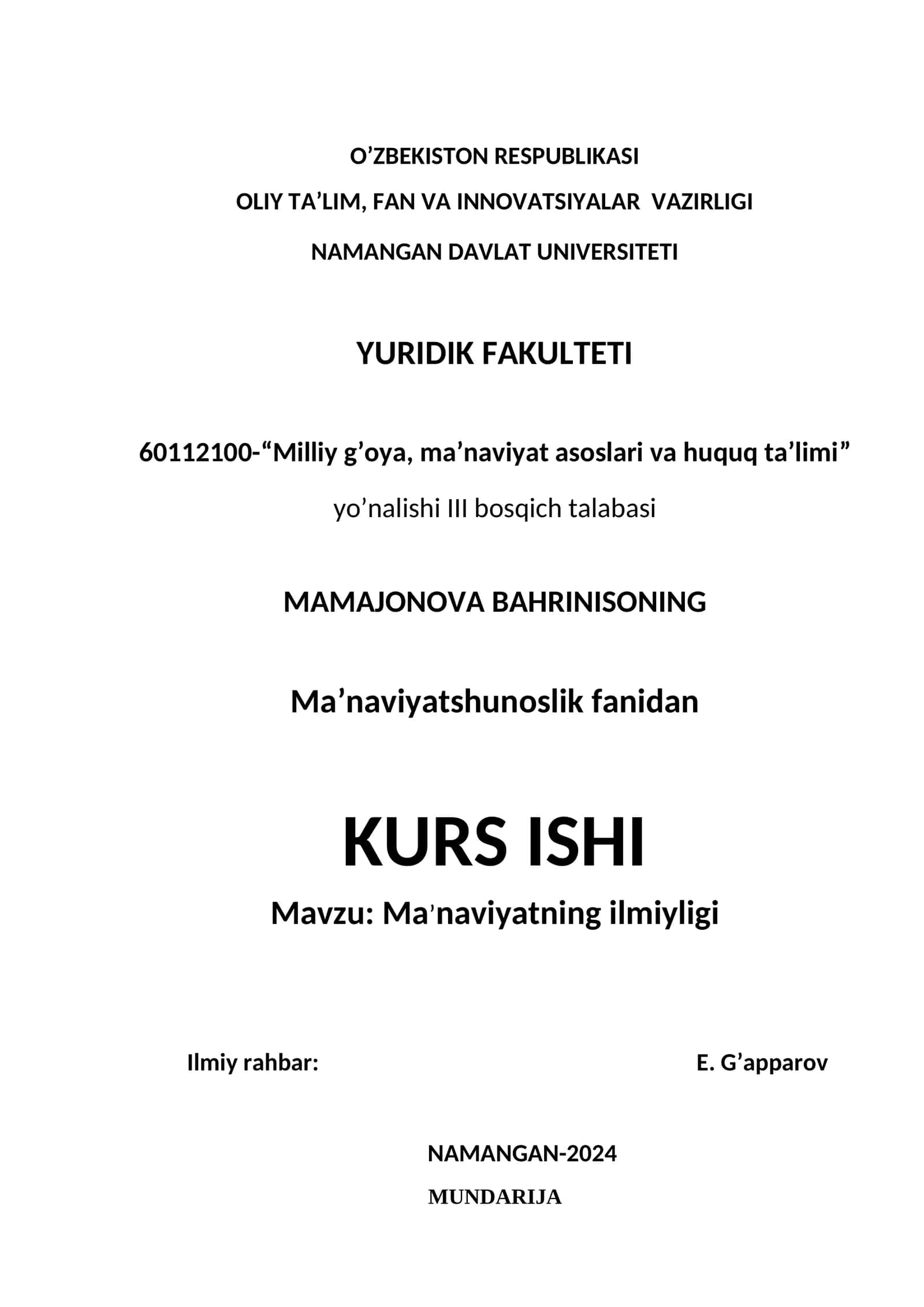 KURS ISHI: Ma’naviyatning ilmiyligi