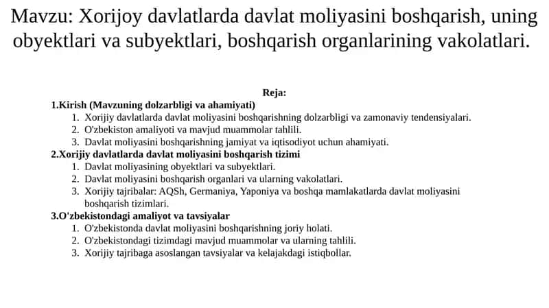 Davlat moliyasi boshqarish organlari va ularning vakolatlari