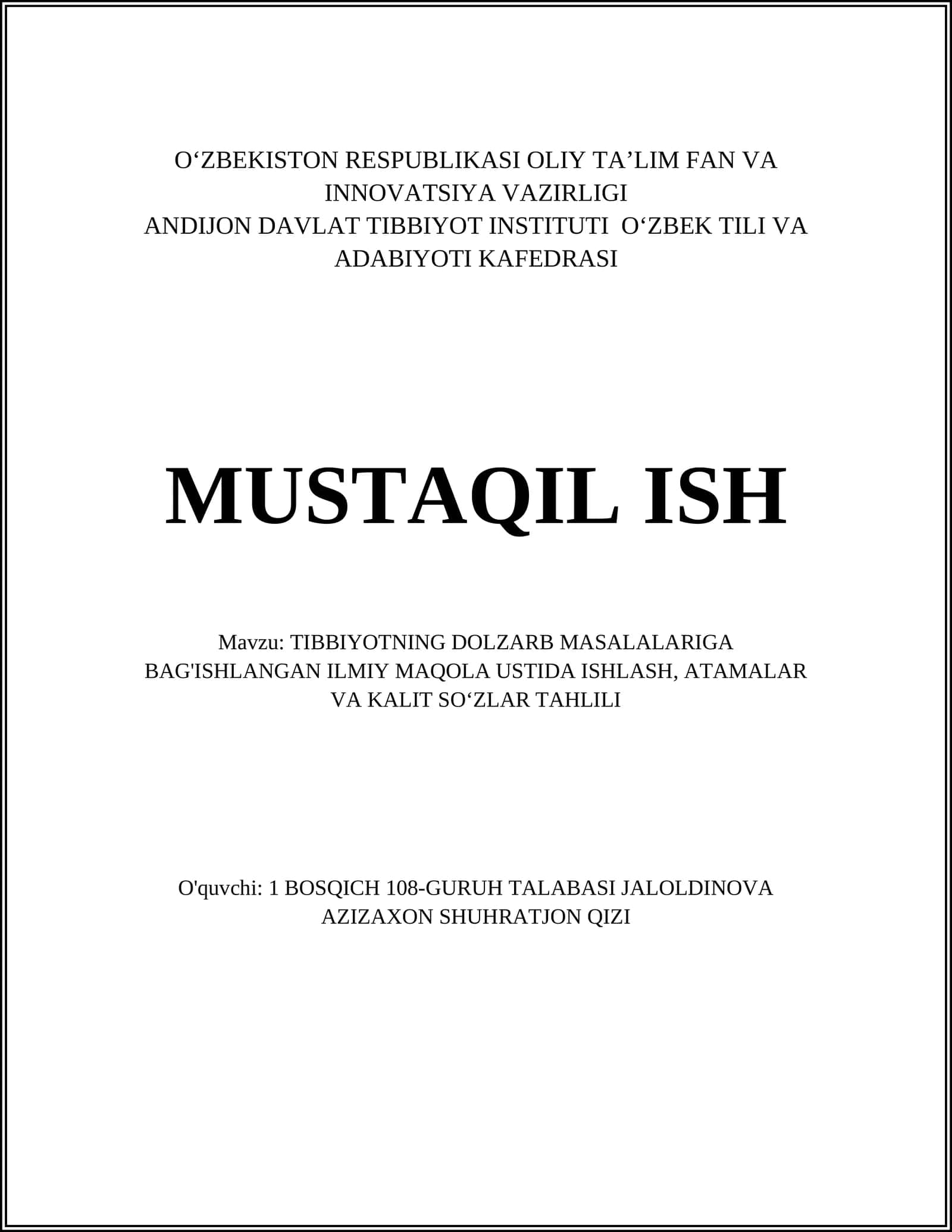 TIBBIYOTNING DOLZARB MASALALARIGA BAG'ISHLANGAN ILMIY MAQOLA USTIDA ISHLASH