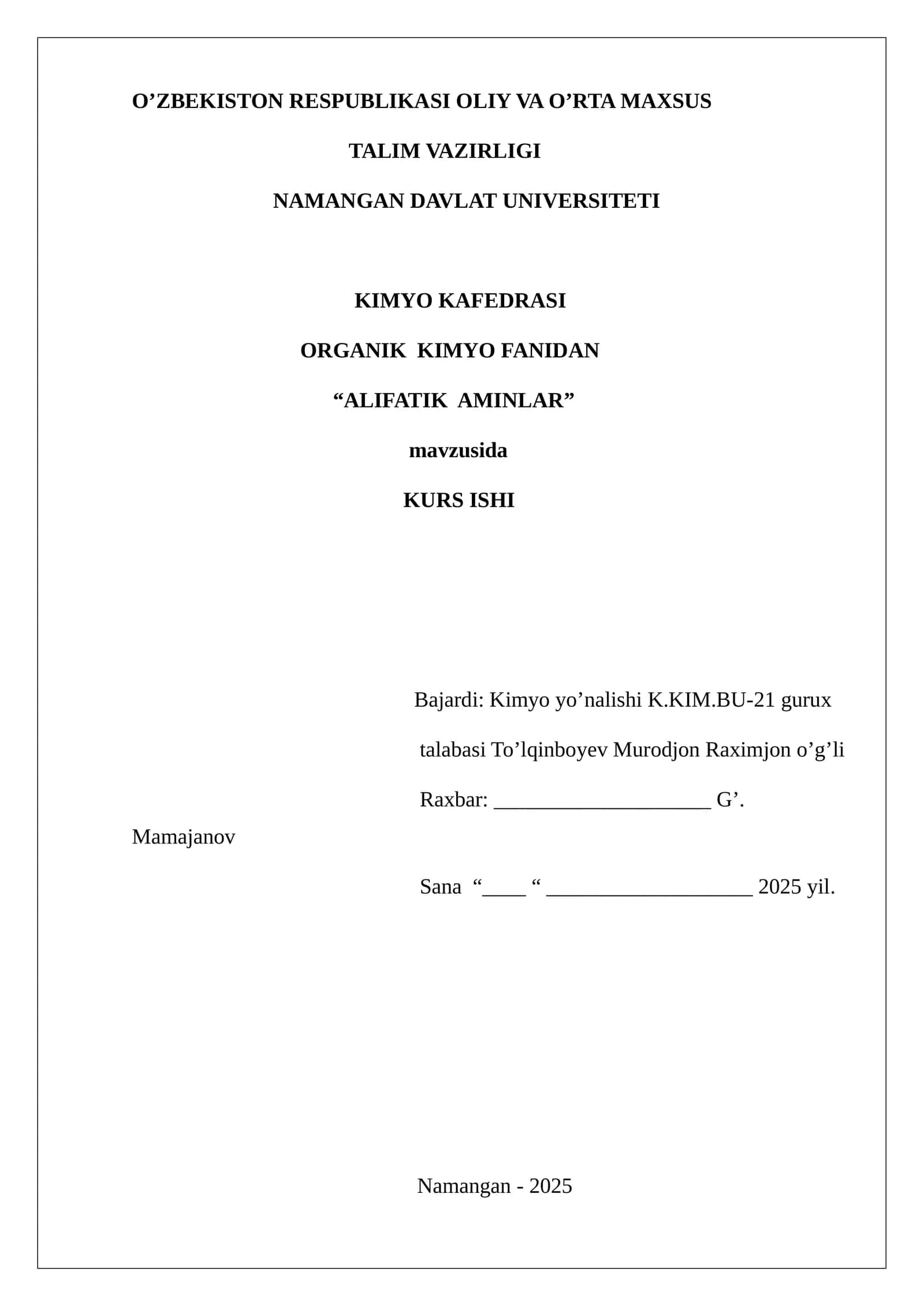 Alifatik Aminlar Kurs ishi