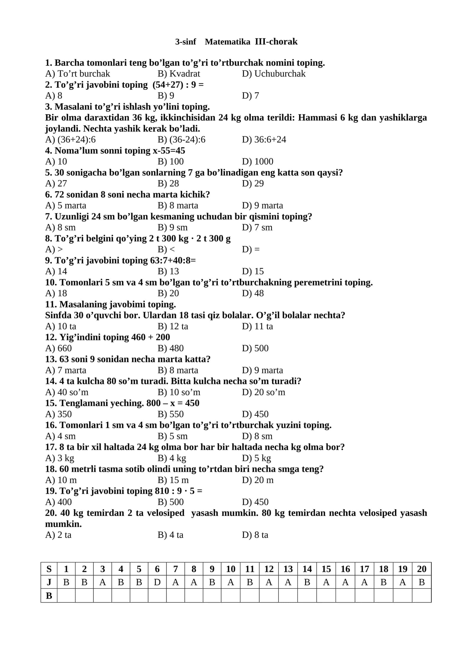 3-sinf Matematika III-chorak