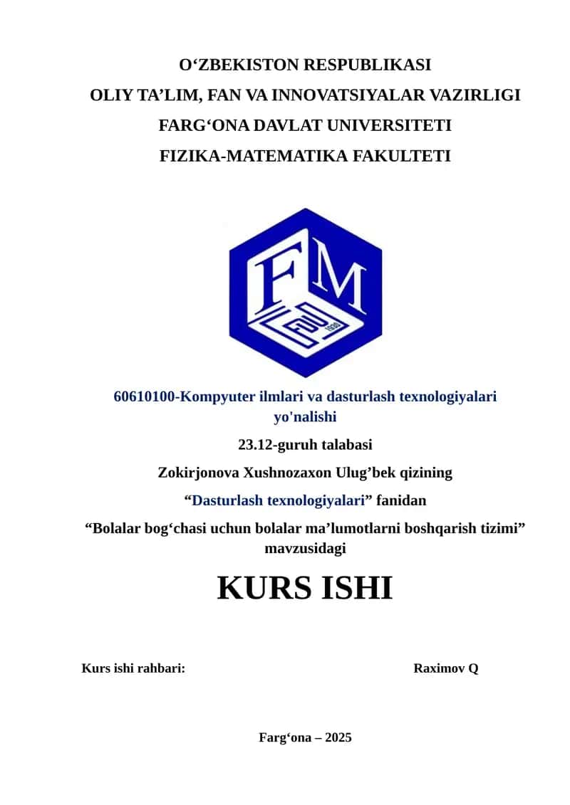 Bolalar bogʻchasi uchun bolalar maʼlumotlarni boshqarish tizimi