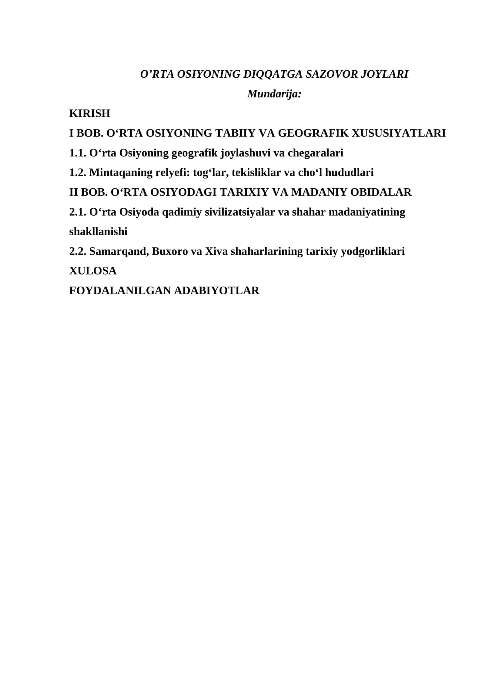 O’RTA OSIYONING DIQQATGA SAZOVOR JOYLARI